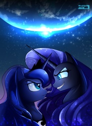 Size: 1799x2451 | Tagged: safe, artist:skyart301, idw, nightmare rarity, princess luna, pony, g4, female, looking at each other, mare, smiling