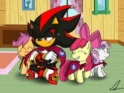 Size: 2048x1536 | Tagged: safe, artist:mkf2308, apple bloom, scootaloo, sweetie belle, g4, cape, clothes, crossover, cutie mark crusaders, male, shadow the hedgehog, sonic the hedgehog (series), sweat, sweatdrop