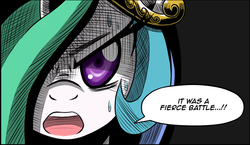 Size: 1077x624 | Tagged: safe, artist:crimsonbugeye, princess celestia, g4, adventure in the comments, cropped, female, looking at you, solo, speech bubble, sweat