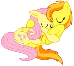 Size: 6000x5323 | Tagged: safe, artist:darkarcher98, fluttershy, spitfire, g4, absurd resolution, cuddling, female, lesbian, shipping, simple background, snuggling, spitshy, transparent background, vector