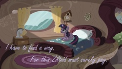 Size: 640x360 | Tagged: safe, edit, edited screencap, screencap, twilight sparkle, pony, unicorn, g4, magical mystery cure, my little pony: friendship is magic, bed, devin townsend, female, lying down, lyrics, mare, pillow, prone, solo, song, song reference, text, unicorn twilight, window, ziltoid the omniscient