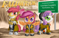 Size: 1700x1100 | Tagged: safe, artist:berrypawnch, apple bloom, scootaloo, sweetie belle, earth pony, pony, fallout equestria, g4, bipedal, clothes, crossover, cutie mark crusaders, fallout, sign