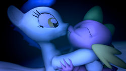 Size: 1920x1080 | Tagged: safe, artist:udacom, nightshade, spike, dragon, pony, g4, 3d, female, kissing, male, mare, night, shadowbolts, ship:nightspike, shipping, source filmmaker, straight
