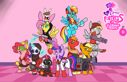 Size: 1477x949 | Tagged: safe, artist:metal-kitty, angel bunny, applejack, big macintosh, derpy hooves, fluttershy, pinkie pie, rainbow dash, rarity, spike, twilight sparkle, alicorn, earth pony, pegasus, pony, unicorn, g4, bunny ears, dangerous mission outfit, demo jack, demoman, demoman (tf2), derpy soldier, engie pie, engineer, engineer (tf2), female, flying, glasses, glowing horn, goggles, gun, hat, heavy (tf2), heavy mac, heavy weapons guy, hooves, horn, levitation, machine gun, magic, male, mane seven, mane six, mare, medic, medic (tf2), open mouth, optical sight, pyro (tf2), rainbow scout, rarispy, red team, rifle, scout (tf2), sniper, sniper (tf2), sniper rifle, snipershy, soldier, soldier (tf2), spike pyro, spread wings, spy, spy (tf2), stallion, team fortress 2, telekinesis, text, twi medic, twilight sparkle (alicorn), weapon, wings