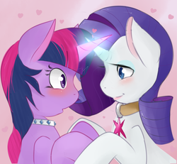 Size: 1630x1505 | Tagged: safe, artist:kryptchild, rarity, twilight sparkle, pony, unicorn, g4, :o, blushing, collar, cutie mark collar, duo, eye contact, female, heart, holding hooves, horn, hornboner, horns are touching, lesbian, magic, open mouth, ship:rarilight, shipping, smiling, wide eyes