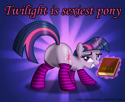 Size: 2334x1905 | Tagged: safe, artist:aleximusprime, twilight sparkle, pony, unicorn, g4, bedroom eyes, book, butt, clothes, featureless crotch, female, horn, magic, plot, presenting, socks, solo, striped socks, twibutt