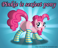 Size: 2334x1905 | Tagged: safe, artist:aleximusprime, pinkie pie, earth pony, pony, g4, butt, clothes, featureless crotch, female, plot, presenting, socks, solo, striped socks