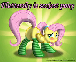 Size: 2334x1905 | Tagged: safe, artist:aleximusprime, fluttershy, pegasus, pony, g4, alternate hairstyle, blushing, butt, clothes, featureless crotch, female, plot, ponytail, presenting, socks, solo, striped socks