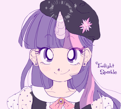 Size: 600x540 | Tagged: safe, artist:sltchunko, twilight sparkle, human, g4, anime, beret, blushing, cute, cutie mark on clothes, female, hat, horn, horned humanization, humanized, portrait, solo, twiabetes