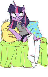 Size: 1198x1920 | Tagged: safe, artist:delaneyad, twilight sparkle, anthro, g4, bed, clothes, female, schoolgirl, solo