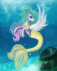 Size: 963x1200 | Tagged: safe, artist:daffydream, princess celestia, alicorn, mermaid, merpony, seapony (g4), g4, bubble, crepuscular rays, cute, digital art, ethereal mane, feather, female, fish tail, flowing mane, flowing tail, gem, horn, lidded eyes, looking at you, mare, ocean, peytral, pink eyes, rock, sealestia, seaponified, seapony celestia, signature, smiling, smiling at you, solo, species swap, sunlight, swimming, tail, underwater, water, wings