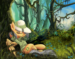 Size: 1276x1004 | Tagged: safe, artist:daffydream, daring do, g4, detailed, female, forest, scenery, sleeping, solo, tree