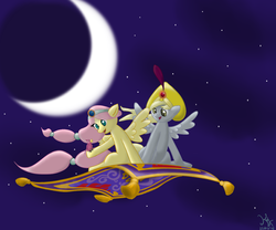 Size: 1200x1000 | Tagged: safe, artist:kodok37, derpy hooves, fluttershy, bird, pegasus, pony, g4, aladdin, derpyshy, disney, female, flying carpet, lesbian, mare, moon, parody, shipping