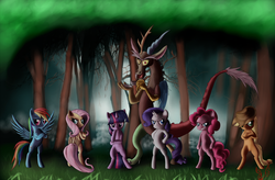 Size: 2000x1315 | Tagged: safe, artist:miokomata, applejack, discord, fluttershy, pinkie pie, rainbow dash, rarity, twilight sparkle, pegasus, pony, unicorn, g4, angry, applejack's hat, bipedal, cowboy hat, crossed arms, cup, female, flutterbitch, forest, hand on hip, hat, liarjack, mane six, mare, shadow, smoke, teacup, tongue out