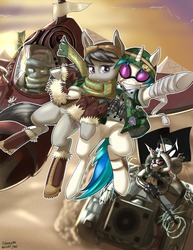 Size: 965x1250 | Tagged: safe, artist:siberwar, dj pon-3, octavia melody, vinyl scratch, earth pony, pony, unicorn, g4, bandage, bomber jacket, clothes, crossover, driving, female, grenade, helmet, hooves, horn, mare, military, sunglasses, tank (vehicle), tank girl, teeth, weapon