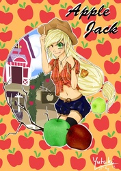 Size: 600x848 | Tagged: safe, artist:yutaki, applejack, human, g4, apple, female, humanized, obligatory apple, pixiv, solo