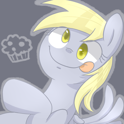 Size: 1500x1500 | Tagged: safe, artist:sion, derpy hooves, pegasus, pony, g4, female, mare, muffin, pixiv, solo, tongue out