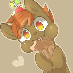 Size: 1500x1500 | Tagged: safe, artist:sion, button mash, earth pony, pony, g4, buttonbetes, colt, cute, drink, foal, hat, heart, hooves, looking at you, male, milkshake, pixiv, propeller hat, solo, tongue out