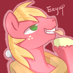 Size: 1500x1500 | Tagged: safe, artist:sion, big macintosh, earth pony, pony, g4, dialogue, eeyup, grin, male, pixiv, smiling, solo, stallion, tongue out