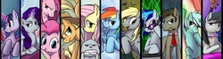 Size: 7172x1916 | Tagged: safe, artist:pumadriftcat, angel bunny, applejack, derpy hooves, dj pon-3, doctor whooves, fluttershy, lyra heartstrings, octavia melody, pinkie pie, rainbow dash, rarity, time turner, twilight sparkle, vinyl scratch, pegasus, pony, g4, duality, female, mane six, mare, pinkamena diane pie, sonic screwdriver