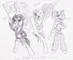Size: 1960x1632 | Tagged: safe, artist:wryte, oc, oc only, oc:songbreeze, earth pony, pegasus, pony, unicorn, bipedal, cheer, cheerleader, clothes, drinking hat, flag, hat, midriff, newbie artist training grounds, skirt, traditional art