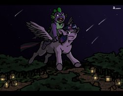 Size: 1280x1001 | Tagged: safe, artist:ryonggay, spike, twilight sparkle, alicorn, dragon, pony, g4, dragons riding ponies, female, flying, mare, night, riding, spike riding twilight, twilight sparkle (alicorn)