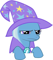 Size: 184x208 | Tagged: artist needed, safe, trixie, pony, unicorn, g4, applestare, cape, clothes, female, hat, mare, reaction image, solo, trixie's cape, trixie's hat