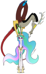 Size: 2057x3300 | Tagged: safe, artist:grievousfan, discord, princess celestia, alicorn, draconequus, pony, g4, discord being discord, discord riding celestia, draconequi riding ponies, female, headstand, male, mare, pony hat, riding, simple background, transparent background