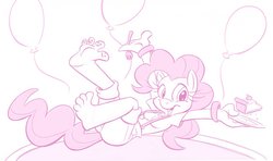 Size: 1280x759 | Tagged: safe, artist:kuroi-wolf, pinkie pie, earth pony, anthro, plantigrade anthro, g4, balloon, barefoot, breasts, cake, feet, female, fetish, foot fetish, foot focus, happy, monochrome, soles, solo, toes