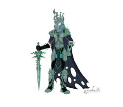 Size: 1500x1300 | Tagged: safe, artist:cambalt, queen chrysalis, changeling, changeling queen, g4, armor, arthas menethil, cape, clothes, crossover, female, frostmourne, lich king, solo, sword, warcraft, weapon