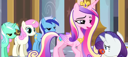 Size: 1207x534 | Tagged: safe, screencap, lyra heartstrings, minuette, queen chrysalis, rarity, twinkleshine, a canterlot wedding, g4, fake cadance, glasses, lidded eyes, out of context