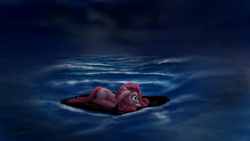 Size: 1920x1080 | Tagged: safe, artist:anttosik, pinkie pie, g4, female, helpless, lost, night, ocean, pinkamena diane pie, raft, sad, solo, water