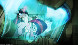 Size: 1358x776 | Tagged: safe, artist:foxinshadow, twilight sparkle, pony, unicorn, fanfic:stardust, g4, crossover, fanfic, fanfic art, fanfic cover, female, interrogation, magic, scared, shrunken pupils, solo, this will end in tears, x-com, xcom: enemy unknown