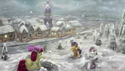 Size: 1920x1080 | Tagged: safe, artist:anttosik, apple bloom, scootaloo, sweetie belle, g4, cutie mark crusaders, snow, snow angel, snowball, snowfall, winter
