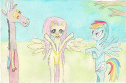 Size: 1024x674 | Tagged: safe, discord, fluttershy, rainbow dash, g4, angry, shipping, shocked, traditional art, watercolor painting