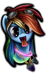 Size: 700x1120 | Tagged: dead source, safe, artist:xioade, rainbow dash, pony, g4, drug use, drugs, ecstasy, female, glowstick, goggles, jewelry, mdma, necklace, portrait, rave, simple background, solo, transparent background, whistle