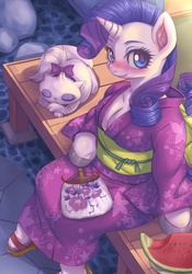 Size: 595x850 | Tagged: safe, artist:hoihoi, opalescence, rarity, cat, anthro, g4, arm hooves, blushing, breasts, cleavage, female, hand fan, kimono (clothing), watermelon