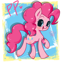 Size: 750x750 | Tagged: safe, artist:snow angel, pinkie pie, earth pony, pony, g4, abstract background, blushing, chest fluff, cute, diapinkes, female, heart, mare, open mouth, pixiv, solo