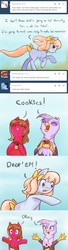 Size: 650x2375 | Tagged: safe, artist:shiaran, bow tie (g1), oc, earth pony, griffon, pony, g1, askposey, baking, bow, comic, cookie, duo, hair bow, jewelry, necklace, smoke, soot, tail bow, tumblr, tumblr comic