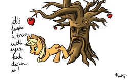 Size: 800x500 | Tagged: safe, artist:ligerstorm, applejack, g4, apple, duo, tree