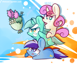 Size: 500x416 | Tagged: safe, artist:php56, lyra heartstrings, minuette, twinkleshine, pony, unicorn, a canterlot wedding, g4, season 2, adorableshine, bouquet, catching the bouquet, chibi, chibi pony, cute, female, flower, lyrabetes, mare, minubetes, trio, trio female