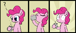 Size: 1000x438 | Tagged: dead source, safe, artist:whatsapokemon, pinkie pie, earth pony, pony, g4, animated, animated comic, coffee, comic, female, gif, mare, pinkie found the coffee, shrunken pupils, solo, story in the comments, vibrating, xk-class end-of-the-world scenario