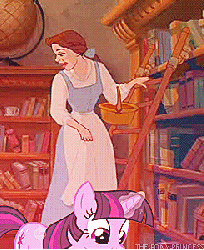 Size: 245x300 | Tagged: safe, artist:the-pony-princess, edit, twilight sparkle, human, pony, unicorn, g4, animated, beauty and the beast, belle, book, bookstore, crossover, disney, disney princess, unicorn twilight