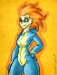 Size: 612x800 | Tagged: safe, artist:lizzyoli-ravioli, spitfire, human, g4, female, goggles, humanized, solo, wonderbolts uniform