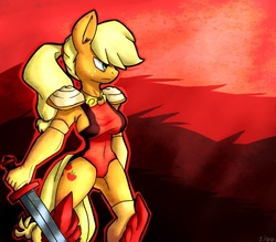 Size: 700x612 | Tagged: safe, artist:lizzyoli-ravioli, applejack, earth pony, anthro, g4, female, pauldron, solo, sword