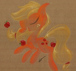 Size: 820x764 | Tagged: safe, artist:getchanoodlewet, applejack, g4, apple, eyes closed, female, solo, traditional art