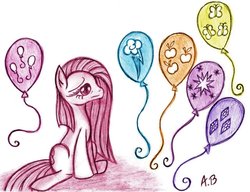 Size: 1020x784 | Tagged: safe, artist:rossmaniteanzu, pinkie pie, g4, balloon, cutie mark, female, pinkamena diane pie, sad, solo, traditional art