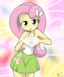 Size: 826x1000 | Tagged: safe, artist:sandwich-anomaly, fluttershy, equestria girls, g4, :o, blushing, breasts, cleavage, clothes, cute, female, fluttershy's skirt, glowing, heart, heart hands, legs together, looking at you, miniskirt, moe, moe moe kyun, shyabetes, skirt, solo