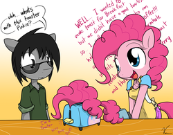 Size: 1375x1072 | Tagged: safe, artist:sandwich-anomaly, pinkie pie, oc, oc:crossfire, earth pony, anthro, g4, glasses, hair, toaster