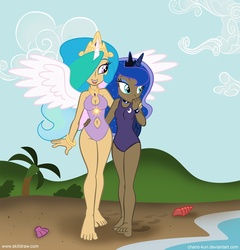 Size: 953x991 | Tagged: safe, artist:chano-kun, princess celestia, princess luna, human, g4, barefoot, beach, belly, belly button, clothes, dark skin, feet, happy, hug, humanized, light skin, midriff, navel cutout, nervous, one-piece swimsuit, open mouth, shy, slender, smiling, spread wings, standing, swimsuit, thin